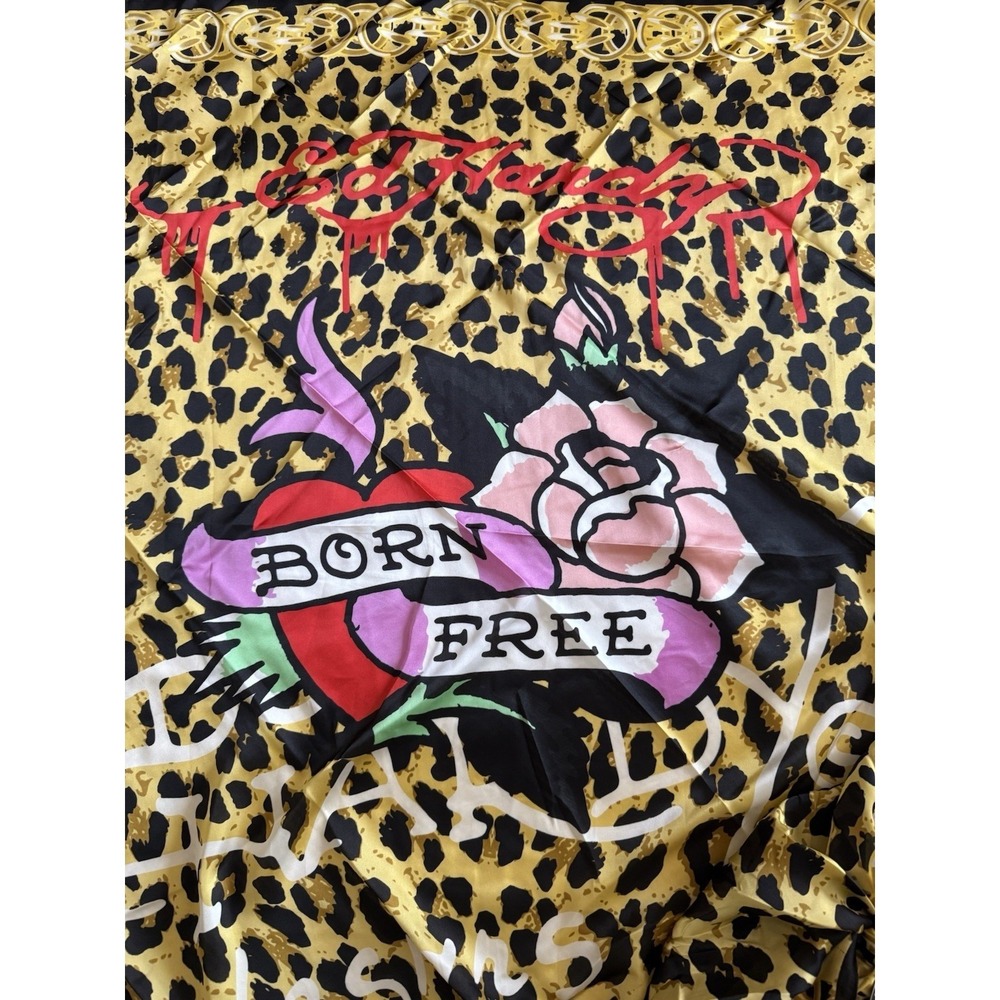 Ed Hardy Scarf Womens O/S Yellow Leopard Born Free Tattoo Graphic Square Wrap